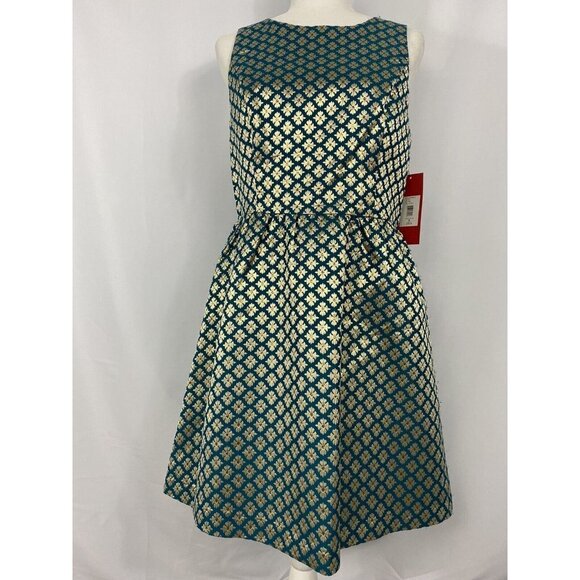 Carmen Marc Valvo Green Dress Gold Flower Women Size 8 $328 - Picture 2 of 5